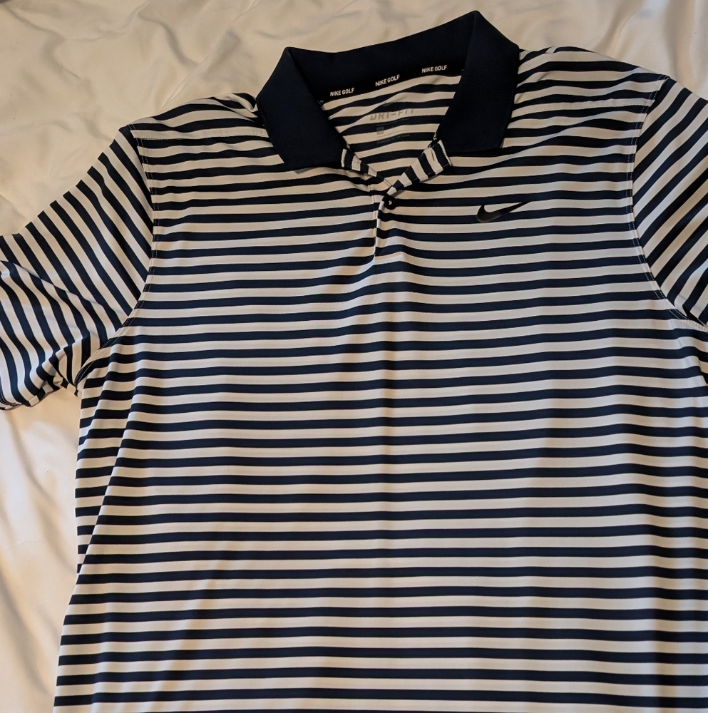Nike Navy and White Striped Polo